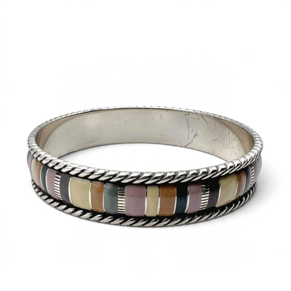 Brighton Cabana Neutral Stripe Bangle Bracelet Silver Tone Pink Cream Tan